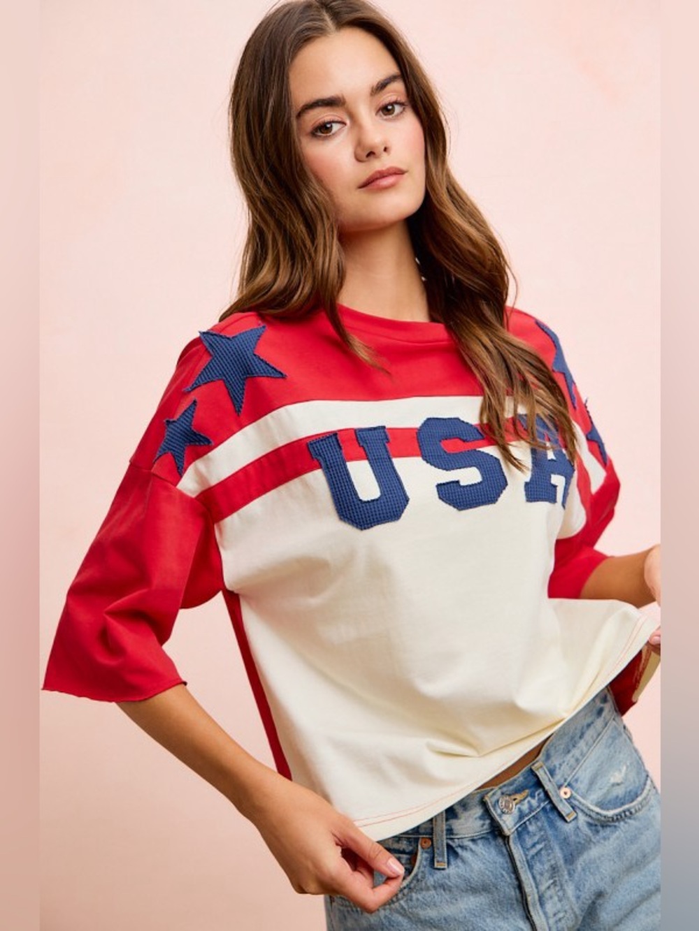 USA Graphic Red and Cream Women's Pullover Top 4TH PATCHWORK SHORT XL - Picture 2 of 3